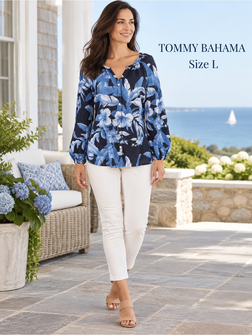 Tommy Bahama Island Gauze Blue Floral Cotton Blouse Size L